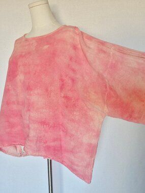 Oh My Gauze! Tie Dye Lagenlook Hi-Low Boxy Top 3/4 Sleeve Cotton Pink